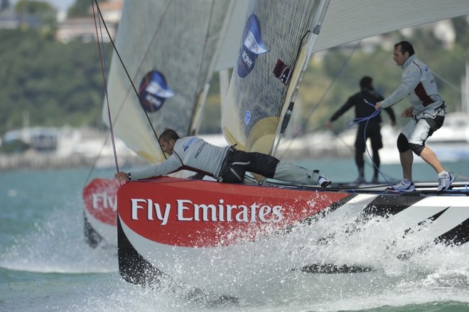 Louis Vuitton Trophy Auckland, New Zealand, March 2010. Race day 3. ITA AZZURRA vs FRA-GER ALL4ONE. Action on the bow, boats are almost head to head © Paul Todd/Outside Images http://www.outsideimages.com